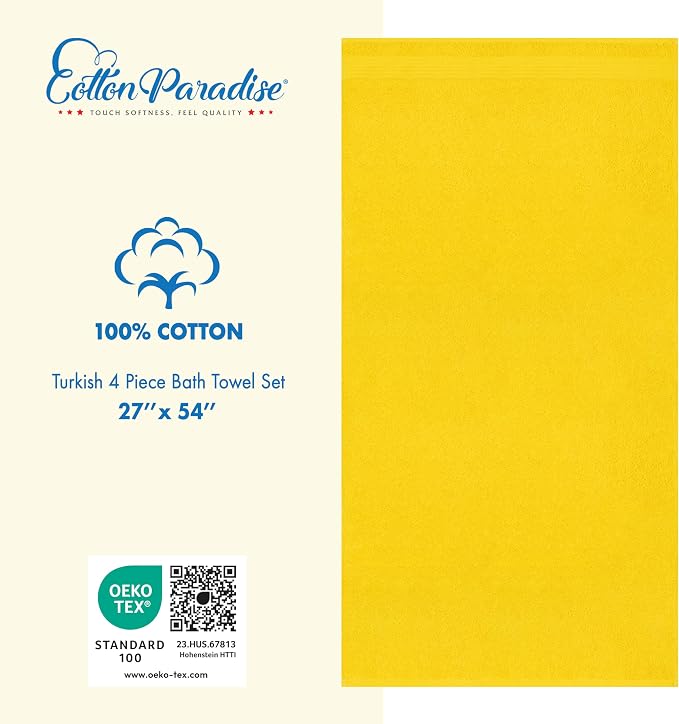 Cotton Paradise 100% Cotton Turkish Towel Set, Soft Absorbent Quick Dry, 4 Piece Bath Towel Set, Yellow