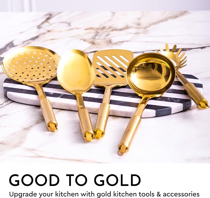Gold Kitchen Utensils Set – 5-Piece Stainless Steel Kitchen Tools for Modern Cooking and Serving – Dishwasher Safe Ladle, Spoon, Spatula, Pasta Fork, Luxury Brass Kitchen Accessories for Home Chefs