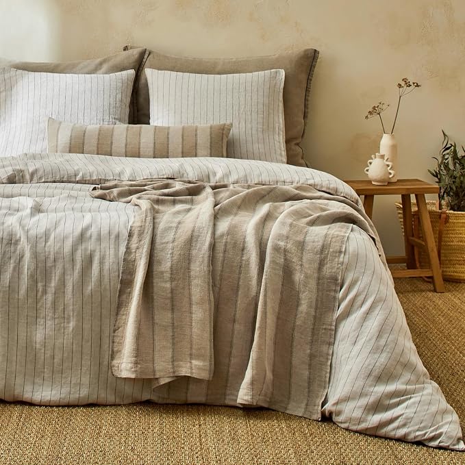 mixinni 3 Piece Striped Duvet Cover Set, Neutral Washed Cotton Linen Blend Bedding, Vintage Stripe Comforter Cover with 2 Pillowcases, Soft Breathable Farmhouse Bed Set for All Season-King Size
