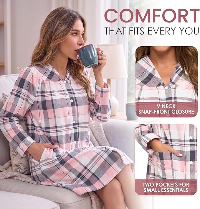 Casual Nights Women's Floral Snap Front Flannel Duster Long Sleeve Lounger Dress