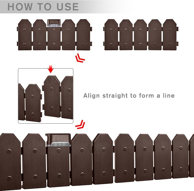Garden Border Edging: Wooden Grain Fence Dog Ear Design with Solar Lights- Landscaping Fence Liner Lawn Edge Barrier - Decorative Lawn Landscape Panels Elements -Landscaping Edging, 21 ft.