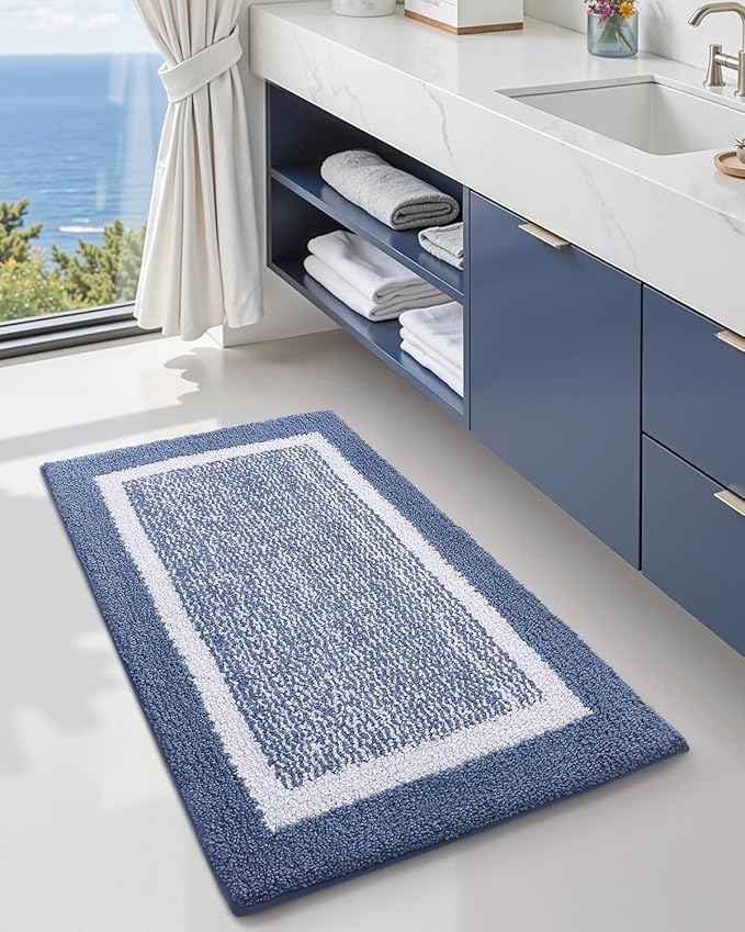 Color&Geometry Simple and Stylish Bathroom Runner Non Slip, 24"x43" Blue Bath Runner Rug, Absorbent, Soft, Washable, Microfiber Bath Mat Bathroom Carpet