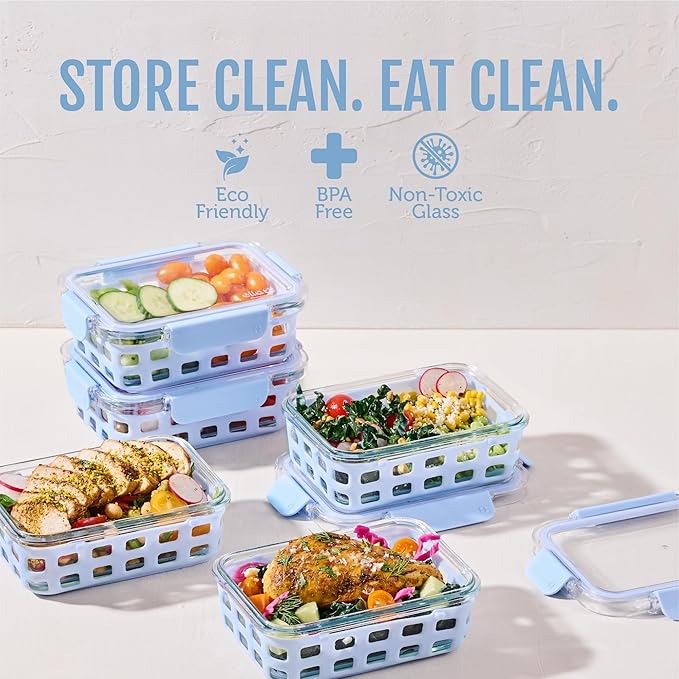 Ello Duraglass 3.4 Cup Glass Meal Prep Containers, 10 Pc, 5 Pack, Halogen Blue