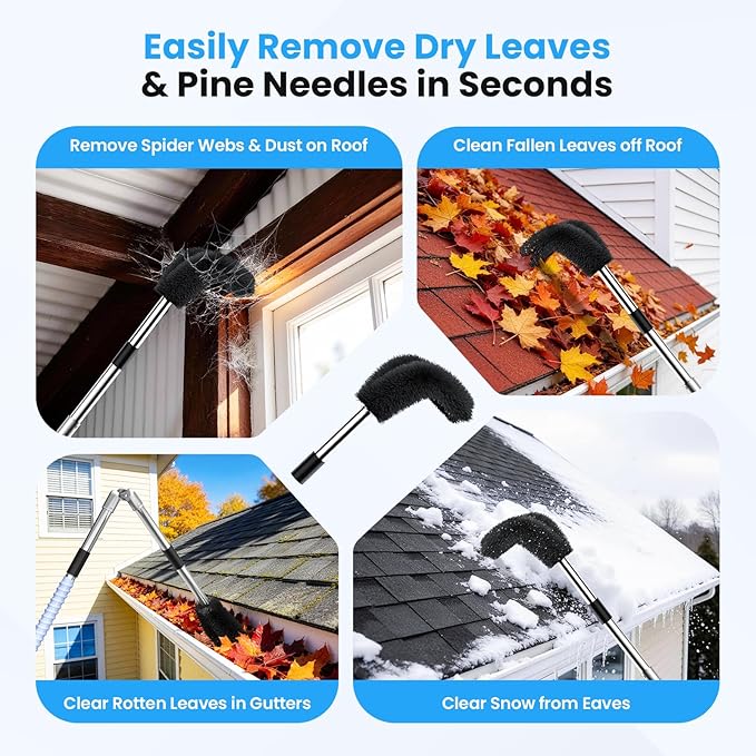12 FT Gutter Cleaning Tools from Ground, with Shovel & Brush for Outdoor | Includes a 180° Adjustable Turning Head, Anti-slip Keel Belt, No Ladder Needed, Multi-purpose, Made of Stainless Steel.