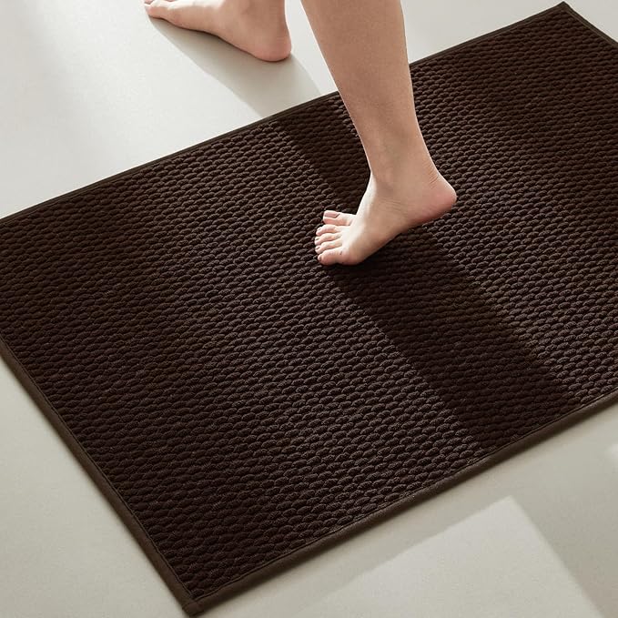TYUU Bathroom Rugs Non Slip Washable, Super Absorbent Thin Bath Mat Quick Dry Low Pile Bathroom Rug, Brown 24"x47"