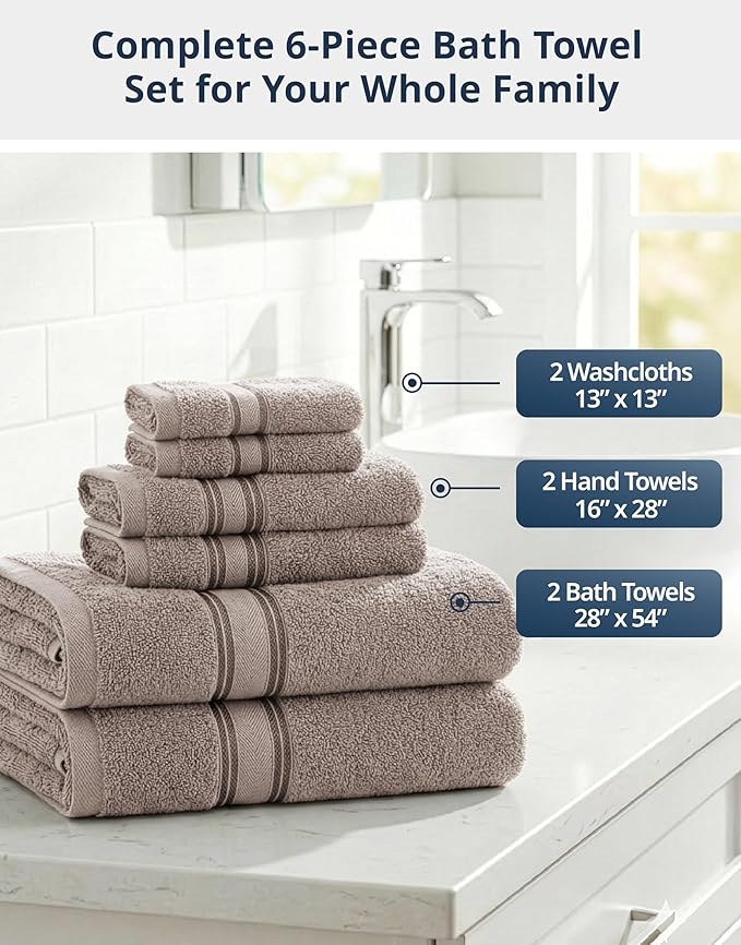LANE LINEN Luxury Bath Towel Set - 6 Piece Set, 100% Cotton Bathroom Towel, Zero Twist, Shower Towel, Extra Absorbent, Super Soft, 2 Bath, 2 Hand, 2 Wash Cloths - Platinum