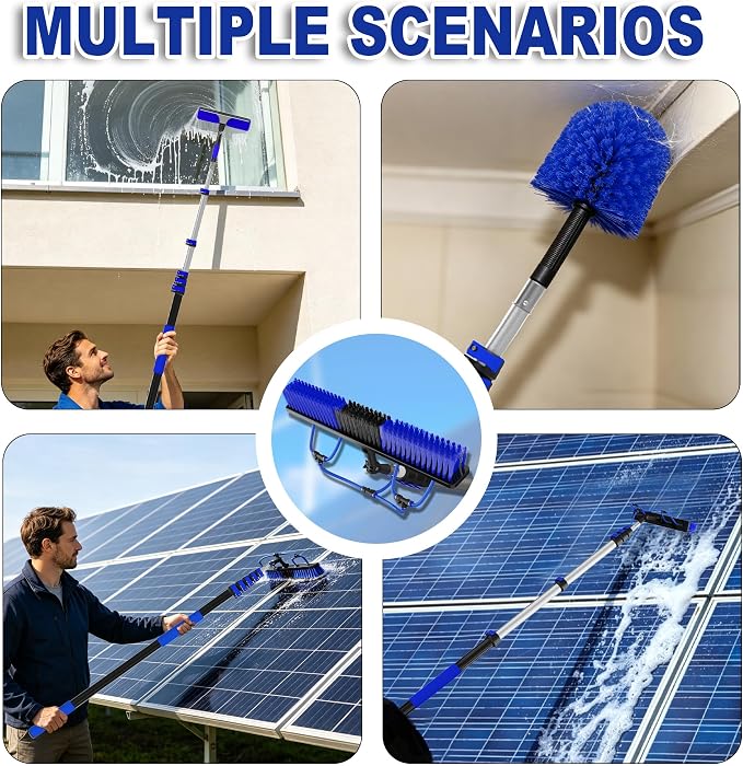 Buyplus 30FT Reach Solar Panel Cleaning Brush Kit with 5-24FT Telescoping Pole, Water Fed Window Cleaner Tool with 20" Brush, Soap Dispenser, Cobweb Duster, Squeegee for Roof, RV, Gutter, Deck, Blue