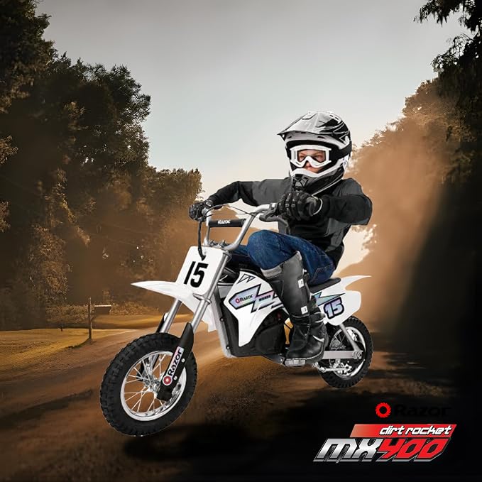 Razor MX400 Dirt Rocket Electric Bike for Kids Ages 8+, 140 lb Max Weight, White – 24V Battery, Up to 14 Mph, 30-Min Ride Time on High Speed, Twist-Grip Throttle, Spoked Wheels w/ 12” Pneumatic Tires
