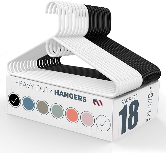 Heavy Duty Clothes Hangers 18 Pack – Made in The USA – 8lb Capacity Plastic Hangers for Adult Clothing – Durable for Pants, Coats, Jackets, or Jeans – White & Black
