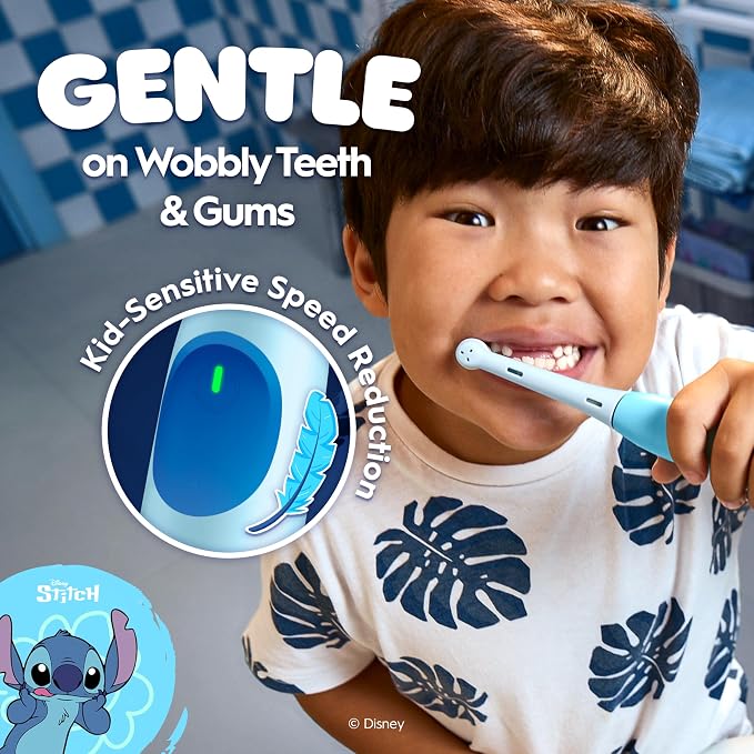 Oral-B iO Kids Rechargeable Electric Toothbrush, Stitch with 1 Brush Head - Automatic Pressure Sensor - 3 Cleaning Settings - 2 Min Music Timer - 28 Day Battery Life