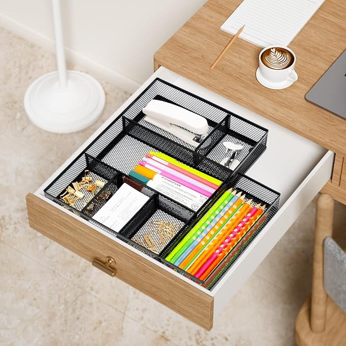 Neudeco Desk Drawer Organizer, 4 Pack Metal Mesh Drawer Organizer Set with Adjustable Dividers, Stackable Pen Organizer for Desk Drawer, Office Supplies Organizer, Black