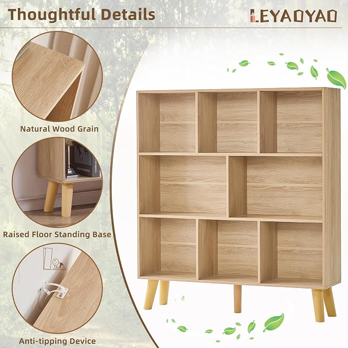 LEYAOYAO 8 Cube Bookshelf,Mid-Century Modern Bookcase with Legs,Light Wood | 3 Tier Book Shelf,Rustic Wood Bookshelves Freestanding Large Storage Organizer, Open Shelves for Bedroom, Living Room, Office