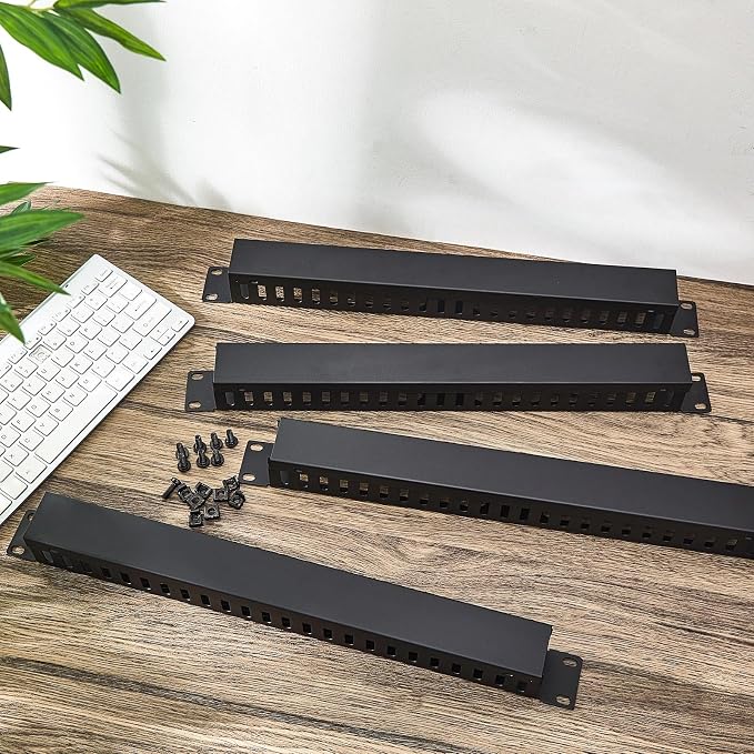 8 Pieces 19 Inch Cable Manager 1U 24 Slot Horizontal Server Rack Mount Cable Management Organizer Raceway Metal Finger Duct with Cover and Screw for Wire Network Wall Cord, Black