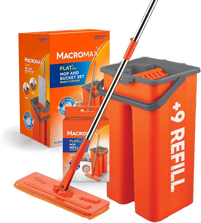 Macromax Flat Mop and Bucket Set with 9 Refills – 100% Microfiber Mop with Dual Wet & Dry Use – Slim Design for Corners & Under Furniture – Easy-Squeeze Bucket for Hardwood, Tile & Laminate Floors