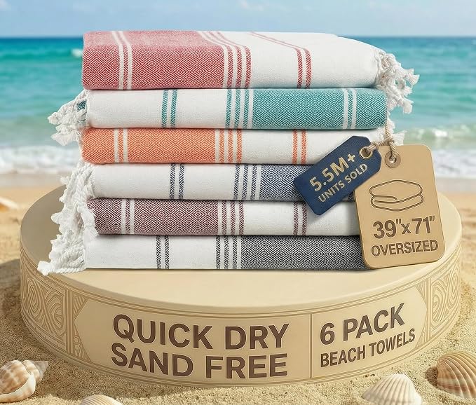 LANE LINEN 6-Pack Oversized Pre-Washed Beach Towels, Stylish Quick-Dry Pool & Travel Towels for Adults, 39"x71" - Diamond Multi Colors | Stylish Quick-Dry Pool & Travel Towels for Adults - 39"x71", Vacation Essential - Machine Washable, Super Absorbent...