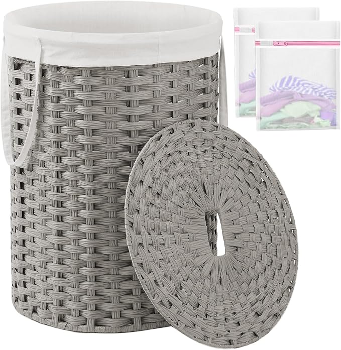 SETVSON Laundry Basket with Lid Round 29.1 Gal (110 L) PE Rattan, Gray | Decorative PE Rattan Furniture Look for Bedroom, Round Laundry Hamper with Lid, Removable Bag, 2 Mesh Bags, Handles