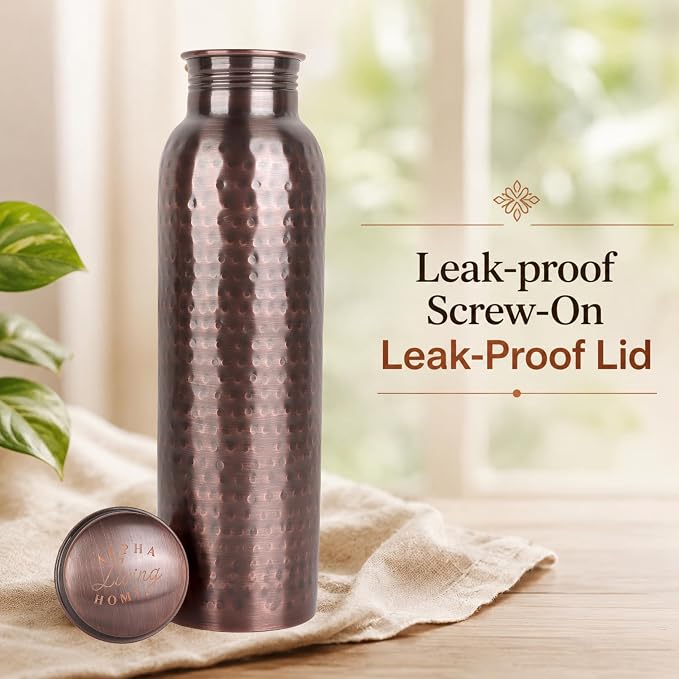 Alpha Living Home Copper Water Bottle 34 Oz Extra Large, Real Water Bottle, Pure Copper Drinking Bottle, Antique Hammered Ayurvedic Bottle for Drinking Water, Leak Proof Cap with Cleaning Brush