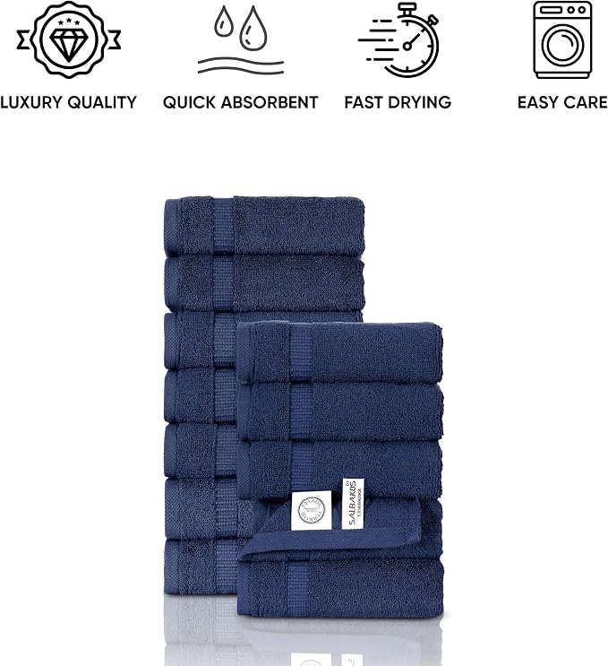 SALBAKOS 12-Piece 100% Turkish Cotton Washcloths and Face Towels, Navy | 13x13 in Standard Size Small Towel, Multi-use Bathroom & Kitchen, Thick Super Soft Absorbent Durable, Oeko-Tex Made in Turkey