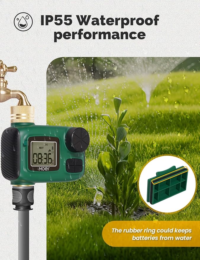 MOES Sprinkler Timer, Brass Inlet & Outlet Water Hose Timers, Programmable Automatic Irrigation Controller, Rain Delay, Manual Watering, 1 Zone Water Hose Timers for Gardens, Lawns, and Hose Systems