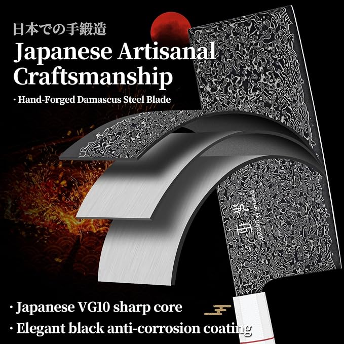 DRGSKL Damascus Meat Cleaver Knife - VG10 Butcher Knife for Meat Cutting | Japanese VG10 Core, Black Anti-corrosion Coating, Damascus Blade, G10 Handle, Gift Box, Wet Edge Grinding Technology