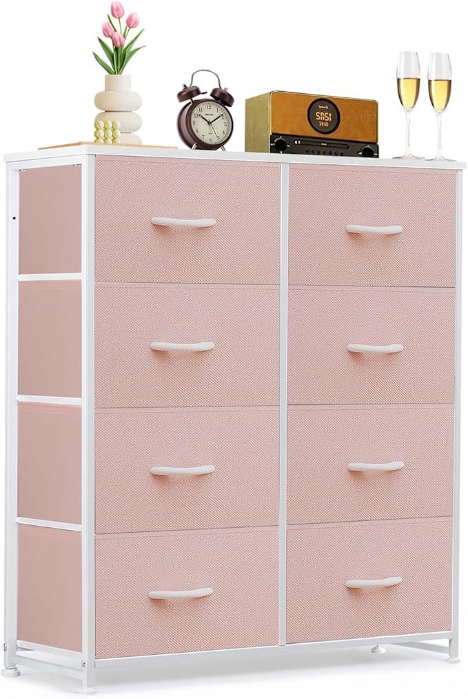 8-Drawer Dresser for Bedroom, Anti-Tip Tall Storage Organizer Chest of Drawers with Wooden Top and Metal Frame Fabric Bins for Closet, Living Room, Hallway, Entryway, Pink