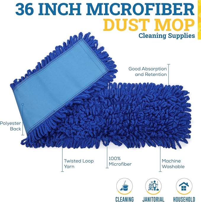 KLEEN HANDLER 36 Inch Microfiber Dust Mop, Large Washable Commercial Mop Head Replacement, Sweeper, Janitorial Supplies, Blue