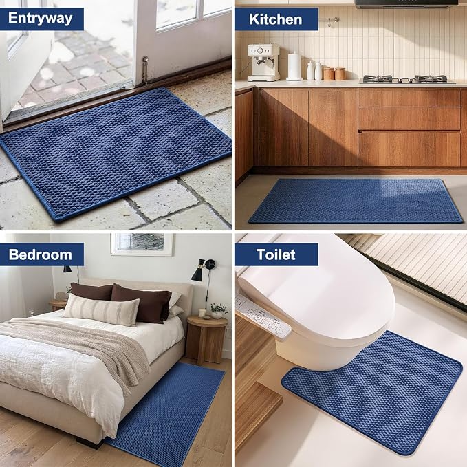 Triohero Bathroom Rugs Non Slip Washable, Super Absorbent Thin Bath Mat Quick Dry Low Pile Bathroom Rug, Navy Blue 24"x36"