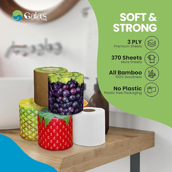 Gaias Premium and Soft Fruit TP Organic Bamboo Toilet Paper | 48 Mega Rolls, 3 Ply, 370 Sheets | FSC Certified, PFAS & BPA Free, Eco-Friendly, Sustainable Tissue - Plastic Free, Septic Safe, Vegan