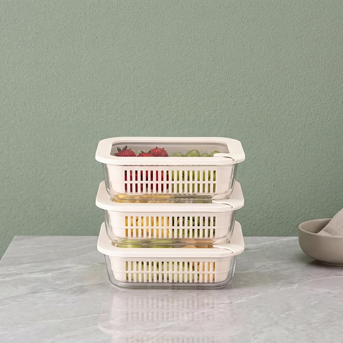 Glass Food Storage Containers with Glass Lids, Microwave Safe Food Container Set, Aitight Meal Prep Container Set, BPA Free, 3 extra Colanders, LeakProof, 3 Pack of 35oz