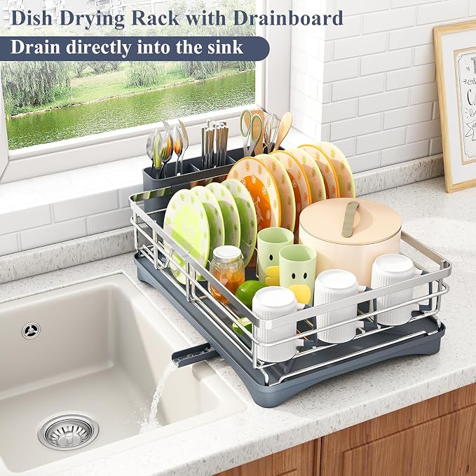 SAYZH Dish Drying Rack for Kitchen Counter with Utensil Holder, Silver | Stainless Steel, Large Capacity, Angled Drainboard, Rotating Spout, Removable to Clean