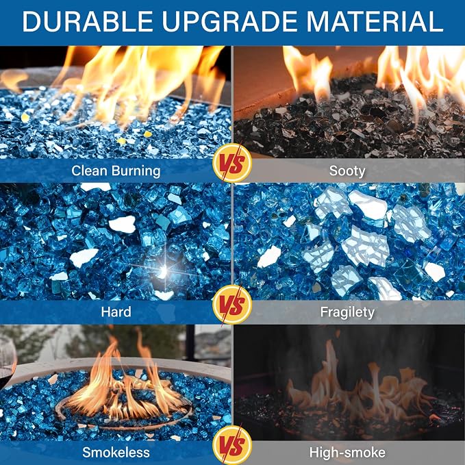 NUPICK 20 Pound Fire Glass, 1/4 Inch Reflective Fire Pit Glass | Fire Pit Rocks for Propane or Natural Gas, Glass Rocks for Fire Pit Table, Fireplace, Fire Bowl, Pacific Blue Reflective