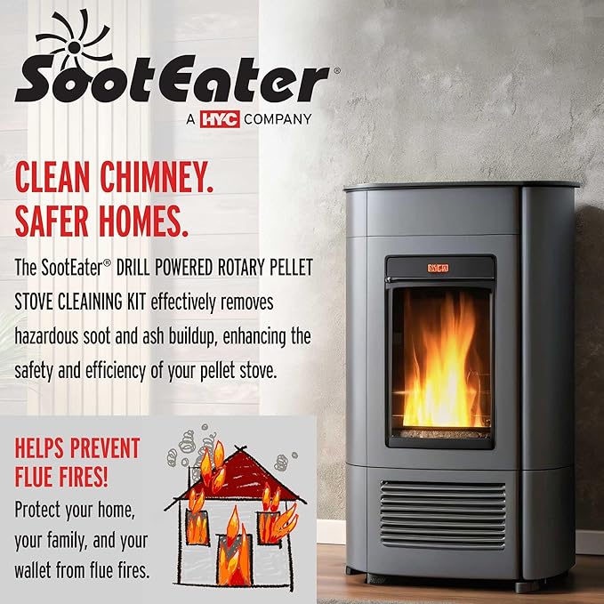 Gardus SootEater Pellet Stove Cleaning Kit - Complete Rotary Pellet Stove Vent Kit with Flexible rods, Propeller Pipe Brushes, & Flue Fire Prevention.