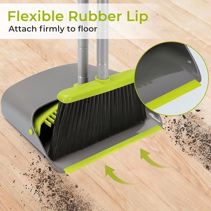 Broom and Dustpan Set with Long Handle 52", Standing Broom and Dust Pan Set for Home Kitchen Room Office Lobby Green