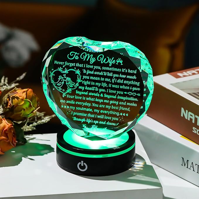 Arikyrist Crystal Heart Gifts for Wife from Husband with Colorful LED Base, Romantic Anniversary Wedding Gift Ideas to My Wife, Glass I Love You Keepsakes for Her
