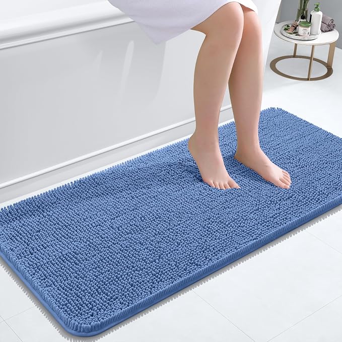 OLANLY Bathroom Runner Rugs 47x20, Soft Absorbent Chenille Bath Rugs, Rubber Backing Quick Dry, Machine Washable Long Bath Mats for Bathroom, Tub and Shower, Home Decor Accessories, Cornflower Blue