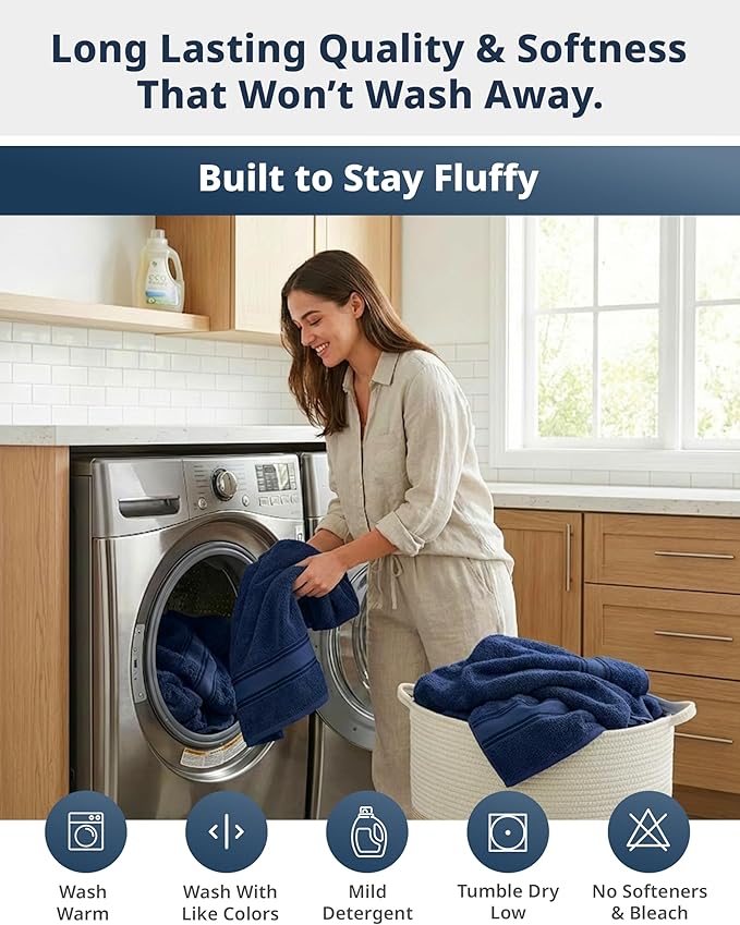 LANE LINEN 100% Mercerized Cotton Towels Set 12 – Zero Twist, 4 Bath Towels, 4 Hand Towel & 4 Washcloths, Stays Plush After Washes, Ideal for Spa, Hotel & Family Bathrooms, Highly Absorbent – Navy