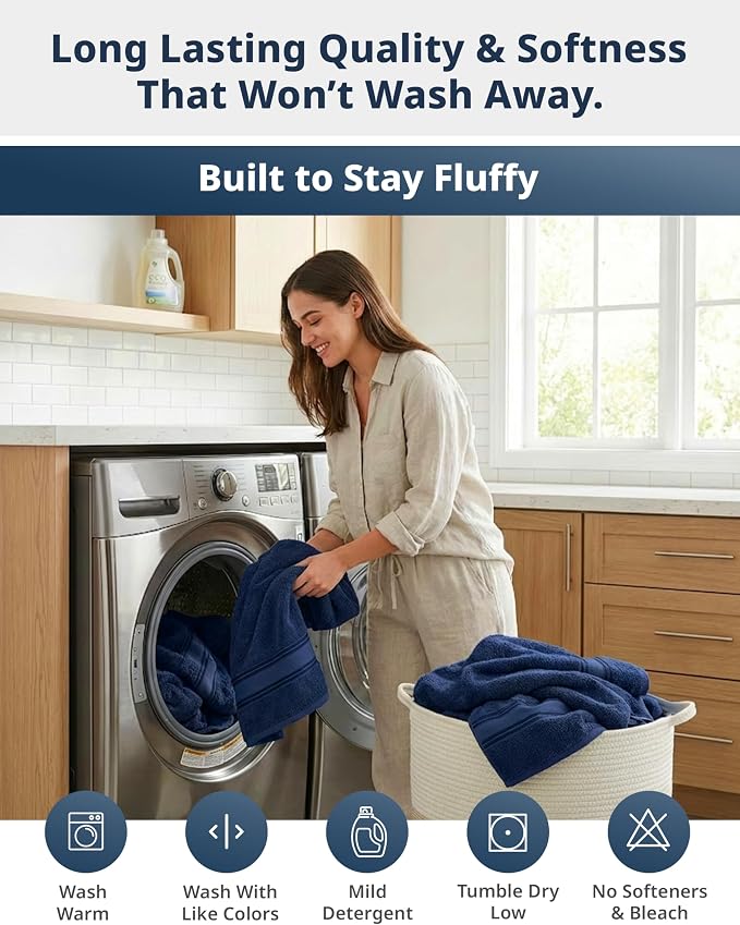 LANE LINEN Bath Towel Set 100% Cotton 4 Piece Soft Absorbent - Navy | Cotton Bath Towels - Densely Woven, Coordinated Colors, Dobby Border Accent, OEKO-TEX Certified, Zero-Twist Durability