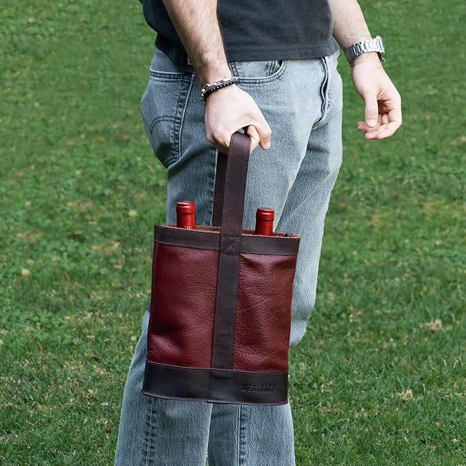 Double Wine Carrier Bag – Leather Wine Tote for Two Bottles with Handles & Metal Buckle – Protective Carrier for Picnic, Wine Champagne Gift Bag (Merlot)