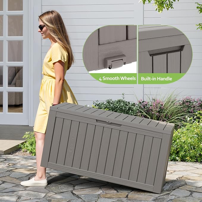 Deck Box, 82 Gallon Resin Indoor and Outdoor Storage Box Waterproof for Garden Tools, Pool Accessories Storage Bench, Patio Furniture and Cushions with Lockable Lid, Grey