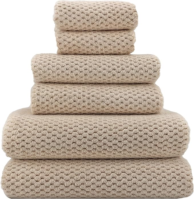 YTYC 29x59 Bath Towels Set,Towels for Bathroom,Beige,6-Pieces | 2 Large Bath towels,2 Hand towels (14x29"),2 Washcloth (13x13"),Super Soft,Highly absorbent,Hanging Loop,80%Polyester