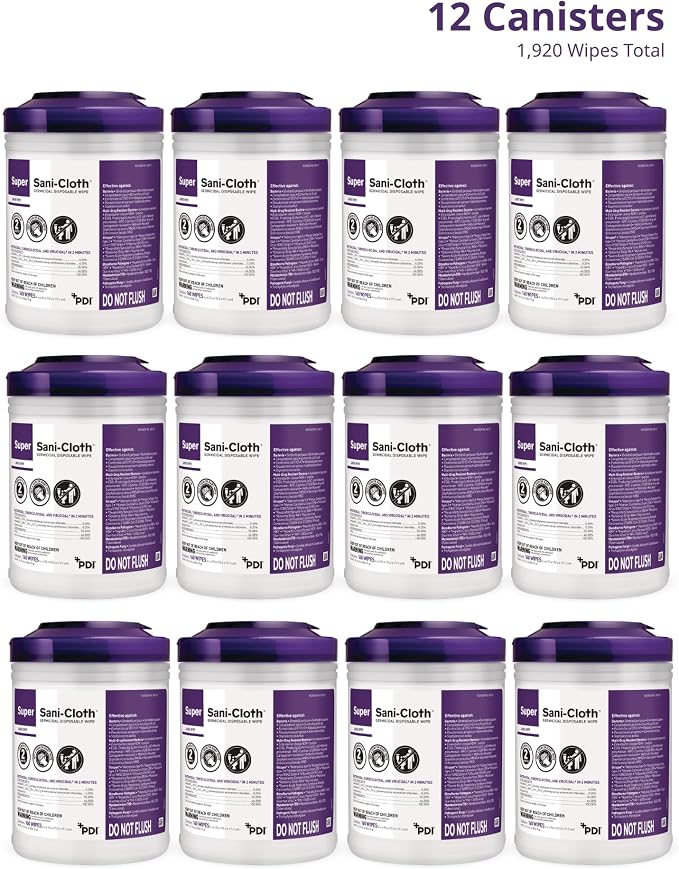 Super Sani-Cloth Disinfecting Cleaning Wipes, 12 Pack Case, 160 Count Each, Large Surface Wipes (6" x 6.75"), Multi-Surface Germicidal Cleaner for Home Health, Medical, Commercial Use