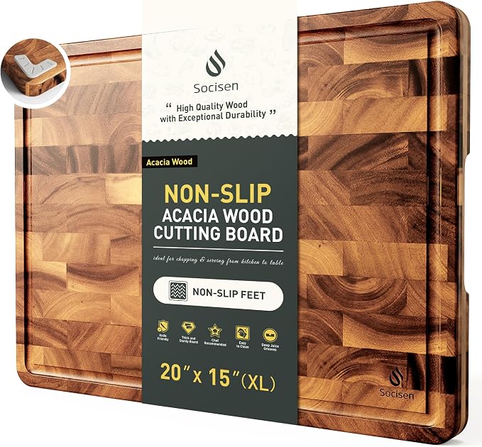 Extra Large End Grain Cutting Board for Kitchen with Non-slip Feet, Acacia Wood Heavy Duty Checkered Cutting Board Handcrafted Luxury Chopping Board for Cheese and Vegetables Housewarming Gift