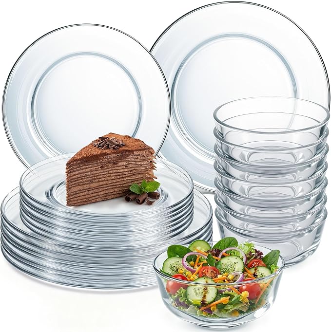 Havawish 24 Pcs Glass Dinnerware Set Sleek Round Clear Glass Plate and Bowl Sets for Dessert, Salad, Fruit, Dishwasher, Microwave Safe Kitchen Dining