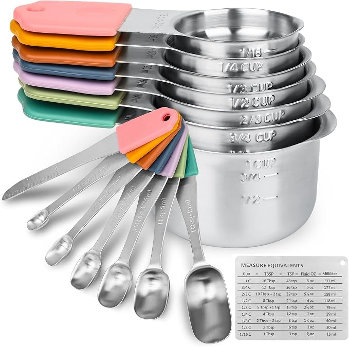 Magnetic Measuring Cups & Spoons Set 15, Stainless Steel Measuring Cups and Spoons Set, Color Heavy Duty Metal Measuring Cups&Spoons Set w/Leveler & Measure Equivalents for Cooking & Baking