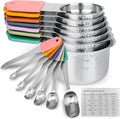 Magnetic Measuring Cups & Spoons Set 15, Stainless Steel Measuring Cups and Spoons Set, Color Heavy Duty Metal Measuring Cups&Spoons Set w/Leveler & Measure Equivalents for Cooking & Baking