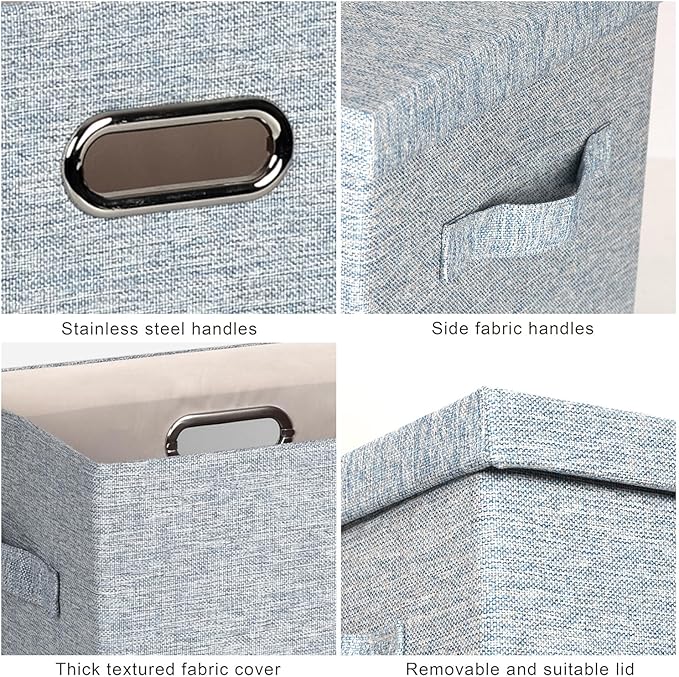 Graciadeco Large 17" 36 Quart Collapsible Stackable Storage Bins with Lids, 3 Packs Blue-Grey Linen Fabric Closet Boxes with Lids, Storage Cube Baskets Container Organizers for Bedroom (17x12x11)