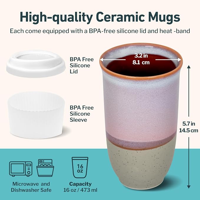 NOVA CERAMICS Coffee Travel Mug – Reusable To Go Mug – Microwave & Dishwasher Safe White & Purple Tumbler - Gifts For Women Men Him Her – 16oz – Horizon