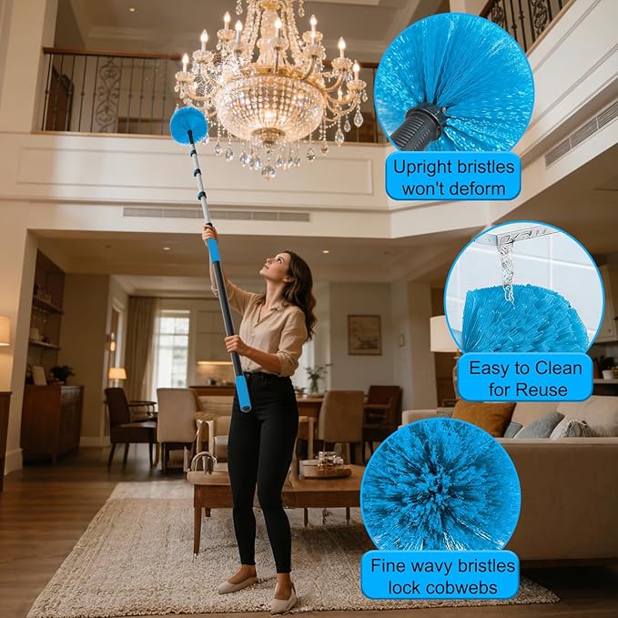 18FT Reach Cobweb Duster with Extension Pole - Spider Web Brush for Cleaning with 3-12FT 4-Section Flip-Lock Telescopic Pole, Effortlessly Cleans High Indoor & Outdoor Webs