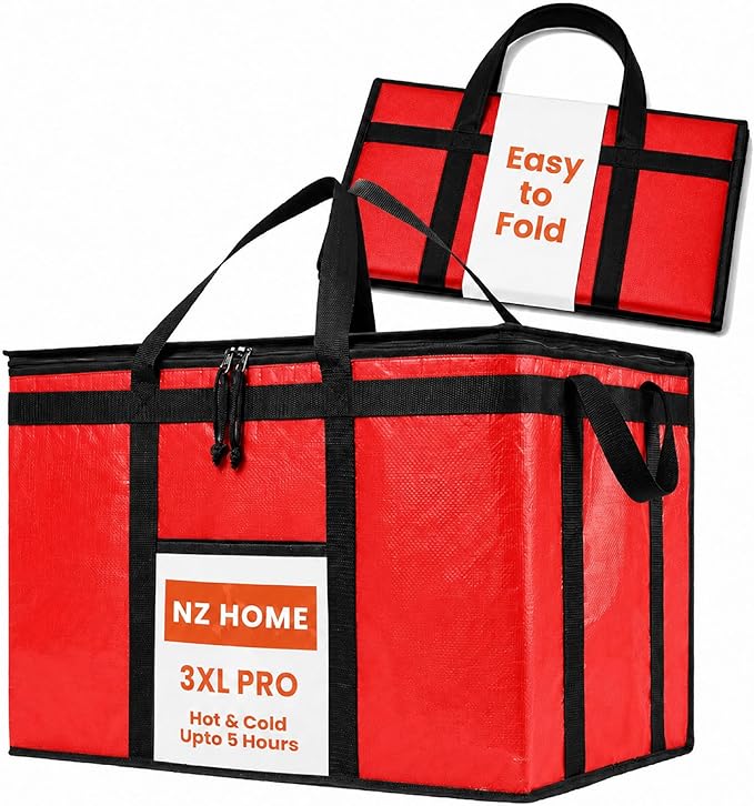 PRO Large Insulated Food Delivery Bag (3XL, Red, 1 Pack) | Thermal bag, For cold & hot food, Water-resistant, Portable cooler, Soft sided catering tote, Grocery bag with zippered top