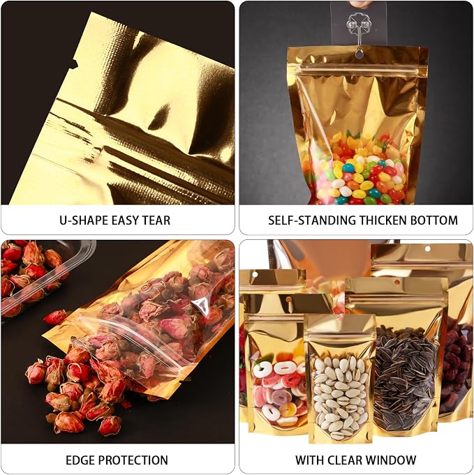 500 Pcs Mylar Bags for Food Storage 6x9 Mylar Bag with Window Stand Up Bulk Resealable Bags Smell Proof Bag Food Packaging for Small Business Freeze Dried Candy Jewelry Foil Packaging Gold